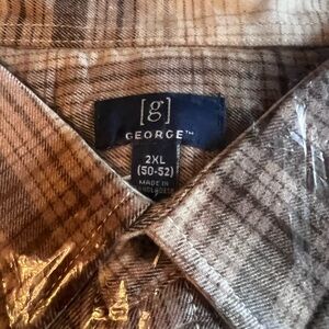 George 2XL Brown Plaid Button-Down Shirt